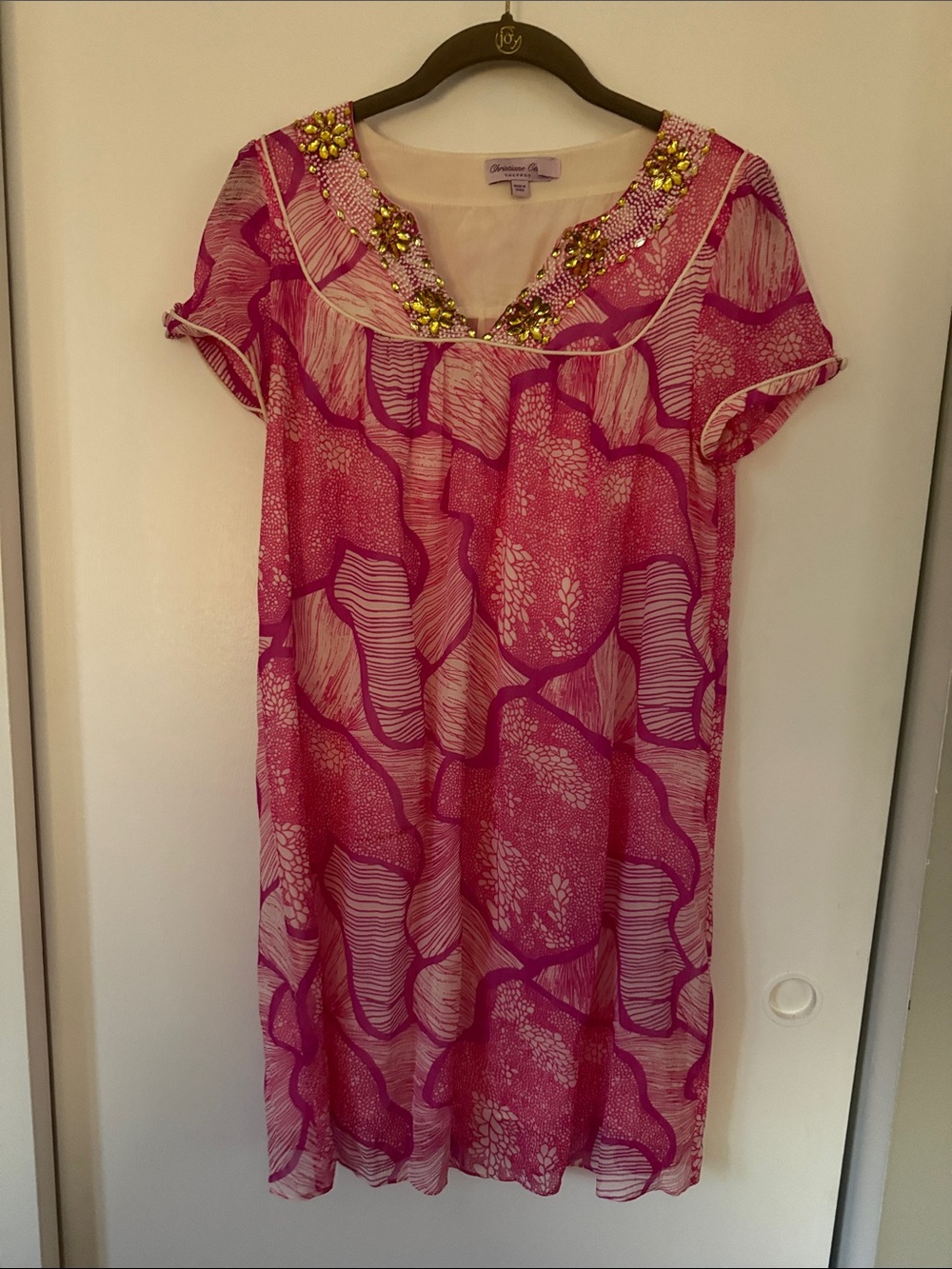 Christiane Celle 100% Silk Pink Embellished VNeck Mini Dress Size Small